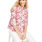 Charter Club Women's Printed Roll Sleeve Linen Blend Top Red Size XX-Large