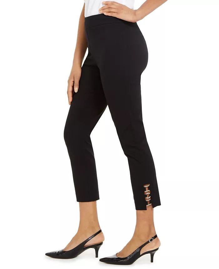 JM Collection Women's Tummy Control Hardware-Trim Ankle Pants Black Size Small