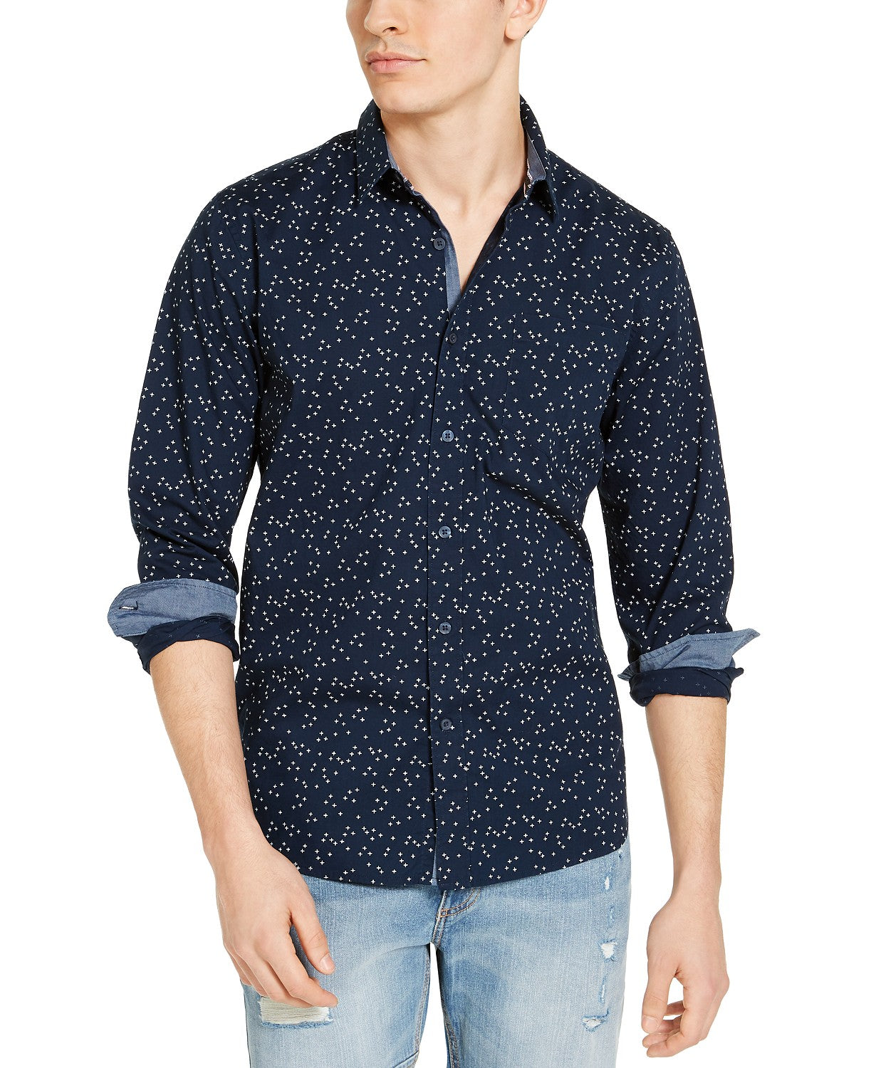 Sun + Stone Men's Crossroads Print Shirt, Navy Size Extra Large