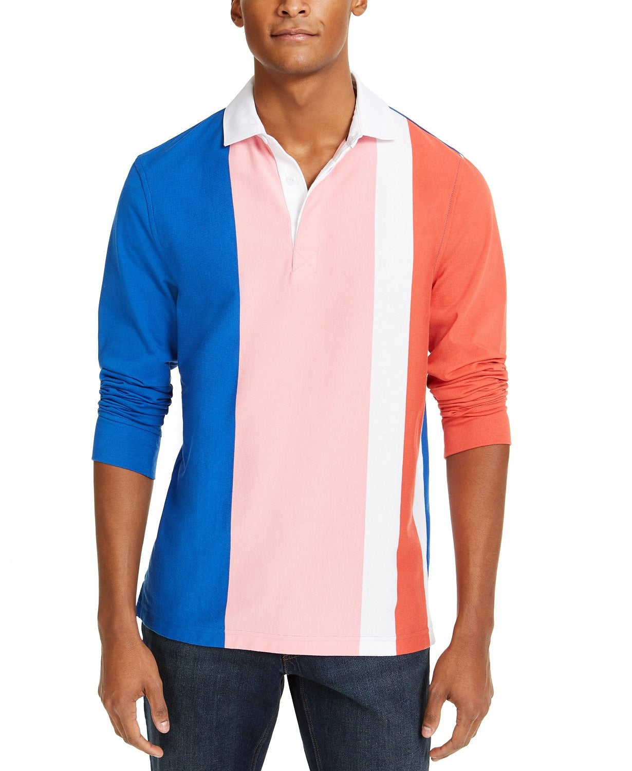 Club Room Men's Vertical Stripe Long Sleeve Rugby Shirt Pink Size Medium
