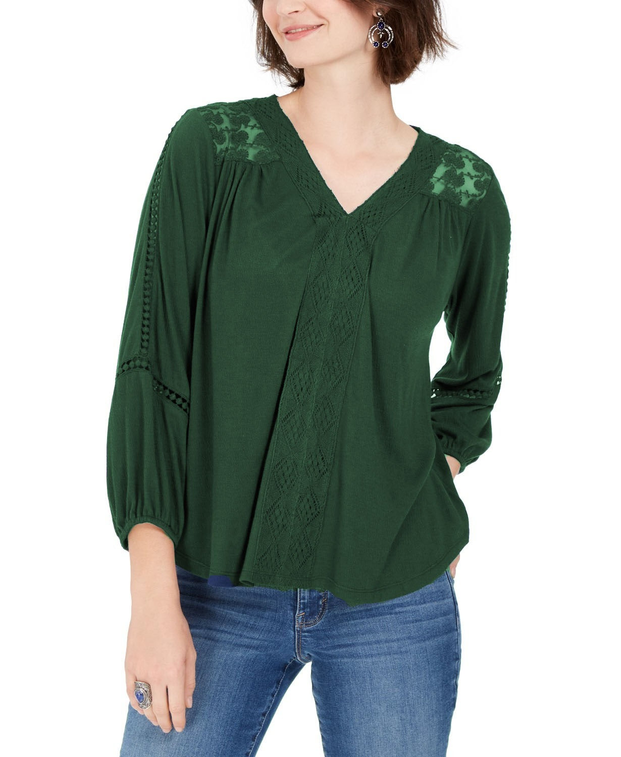 Style & Co Women's Lace-Back Crochet Top Green Size Small