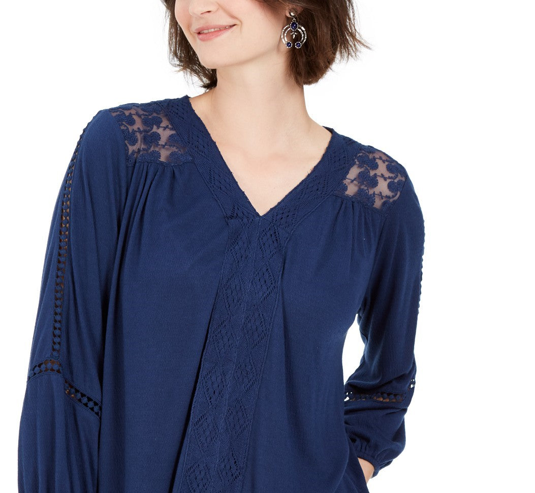 Style & Co Women's Lace-Back Crochet Top Navy Size Extra Small
