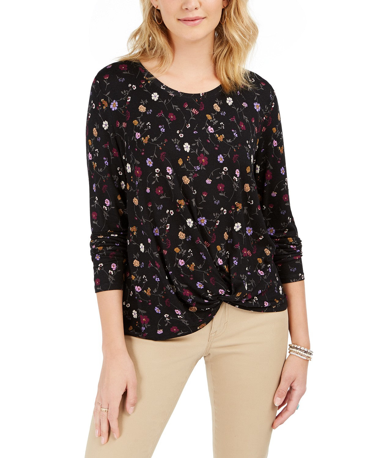 Style & Co Women's Floral-Print Twist-Front Top  Black Size Large