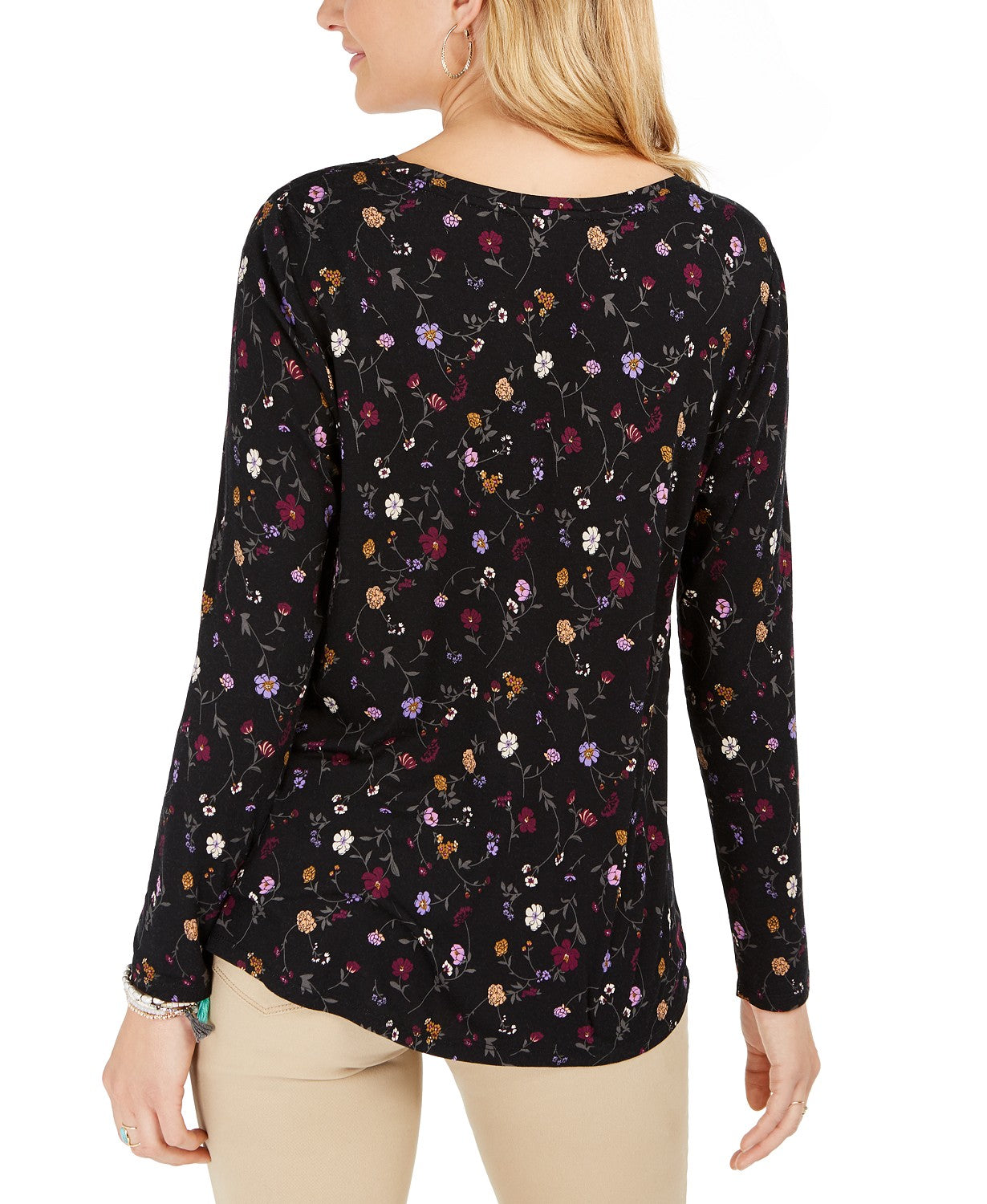 Style & Co Women's Floral-Print Twist-Front Top  Black Size Large