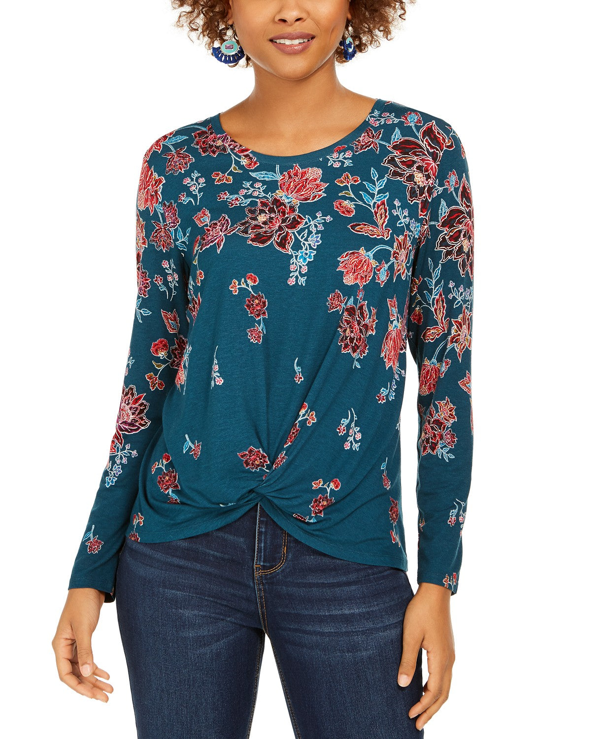 Style & Co Women's Floral-Print Twist-Hem Top Green Size Medium