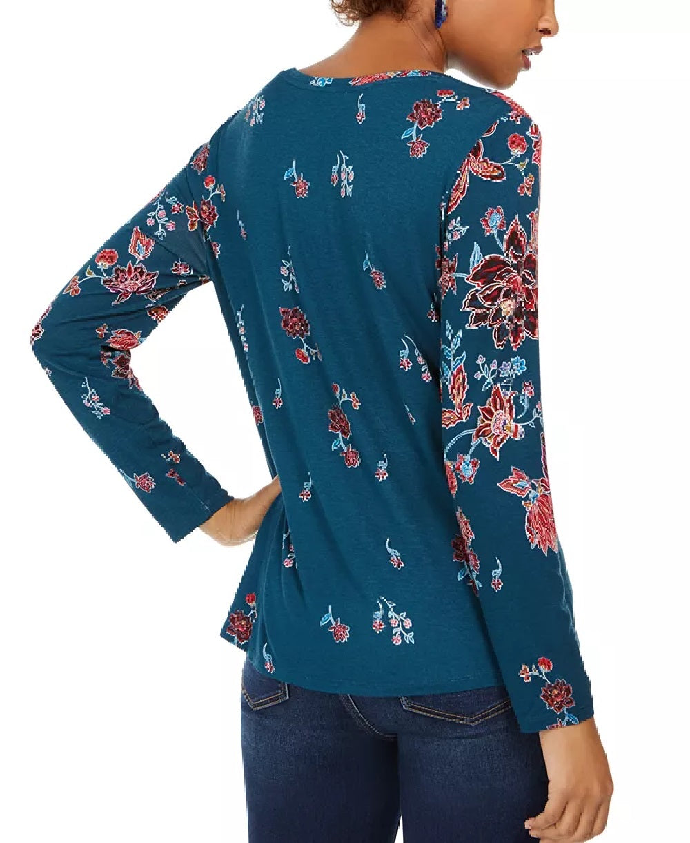 Style & Co Women's Floral-Print Twist-Hem Top Green Size Medium