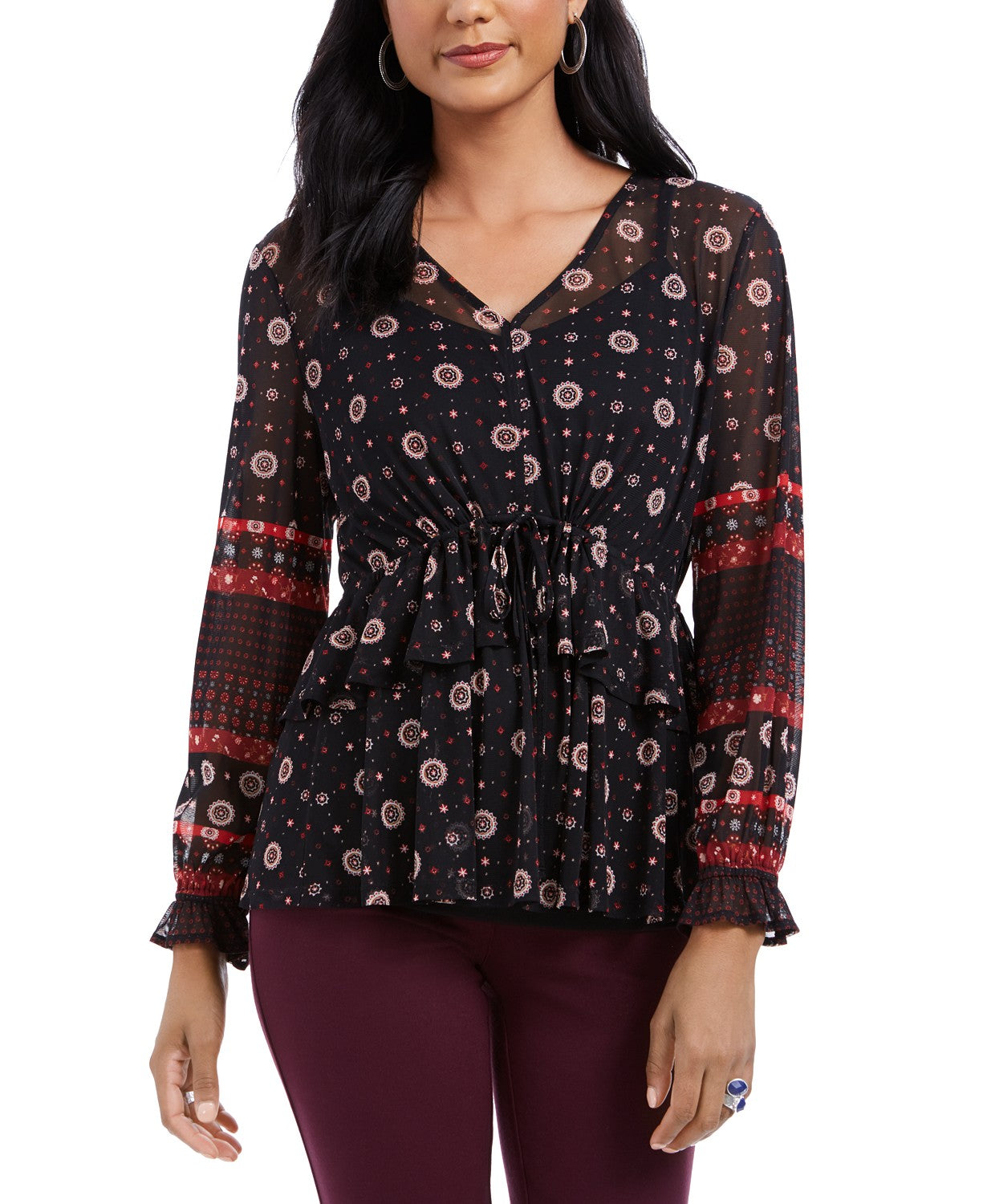 Style & Co Women's Tie-Waist Peasant Blouse Black Size Small