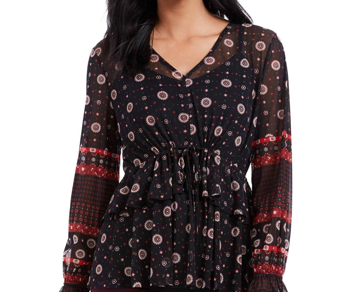 Style & Co Women's Tie-Waist Peasant Blouse Black Size Small