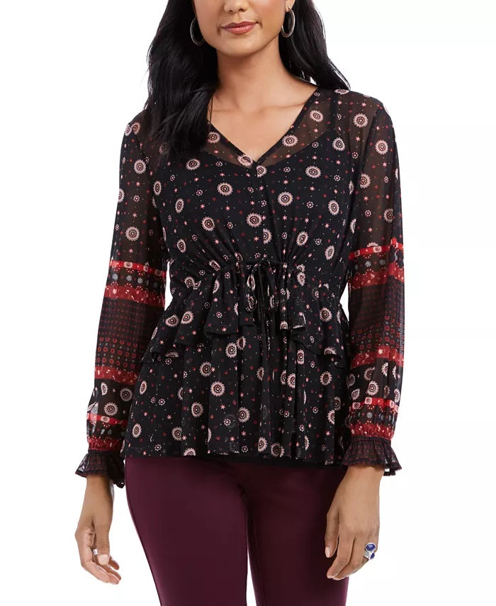 Style & Co Women's Tie Waist Peasant Blouse Black Size XX-Large