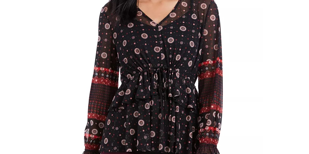 Style & Co Women's Tie Waist Peasant Blouse Black Size XX-Large