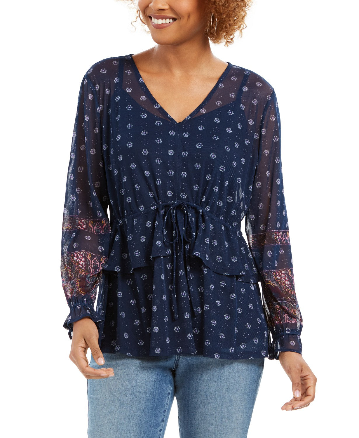 Style & Co Women's Tie-Front Floral Print Peasant Blouse Navy Size Medium