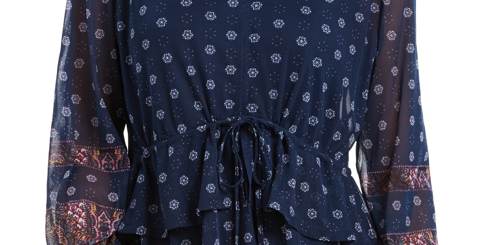 Style & Co Women's Tie-Front Floral Print Peasant Blouse Navy Size Medium