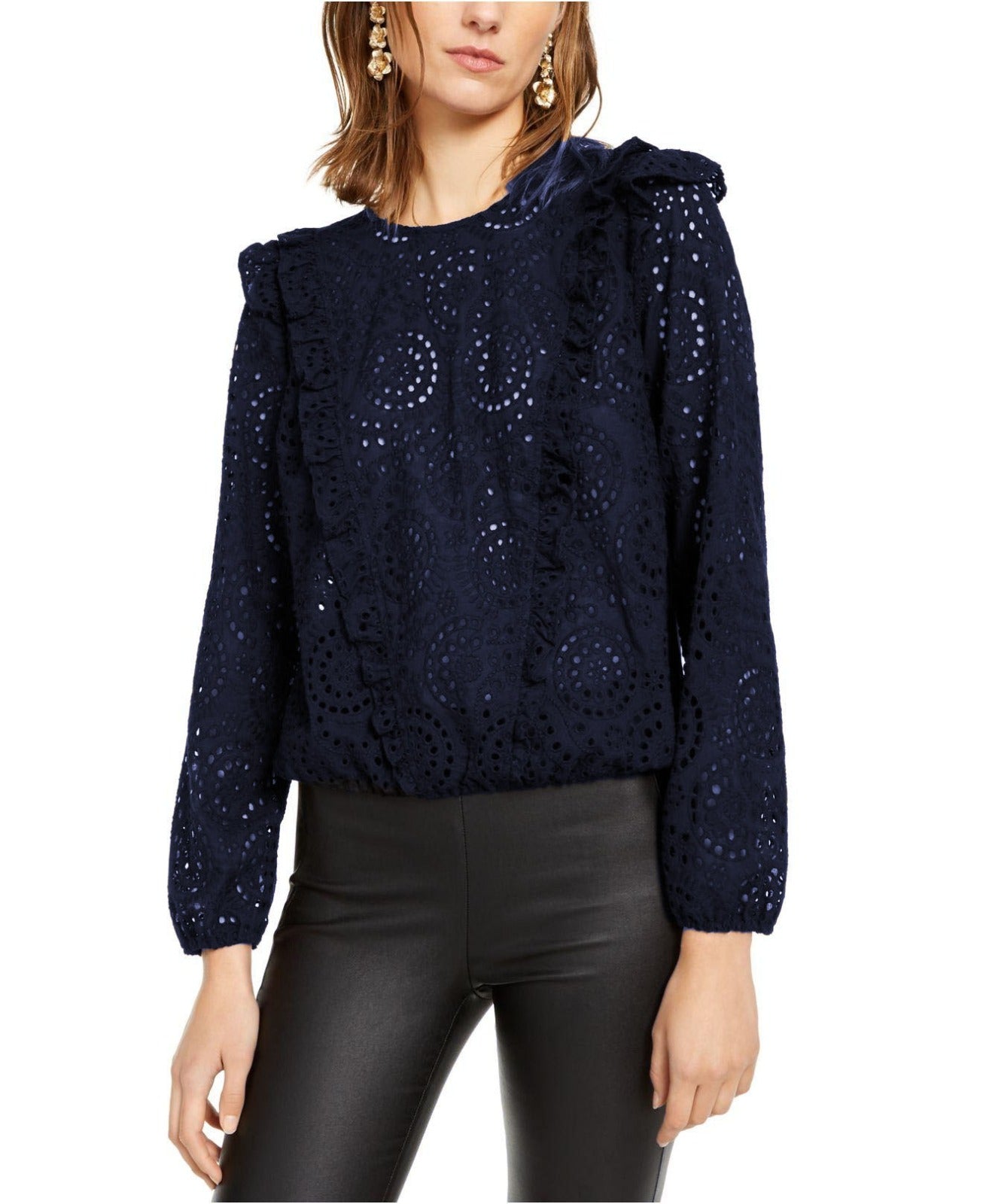 INC International Concepts Women's  Ruffled Eyelet Top Navy Size Small