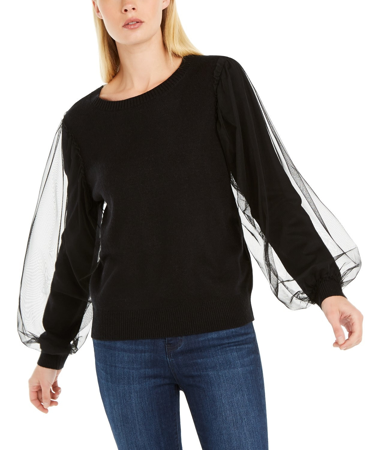 INC International Concepts Women's Tulle-Sleeve Sweater Black Size Medium