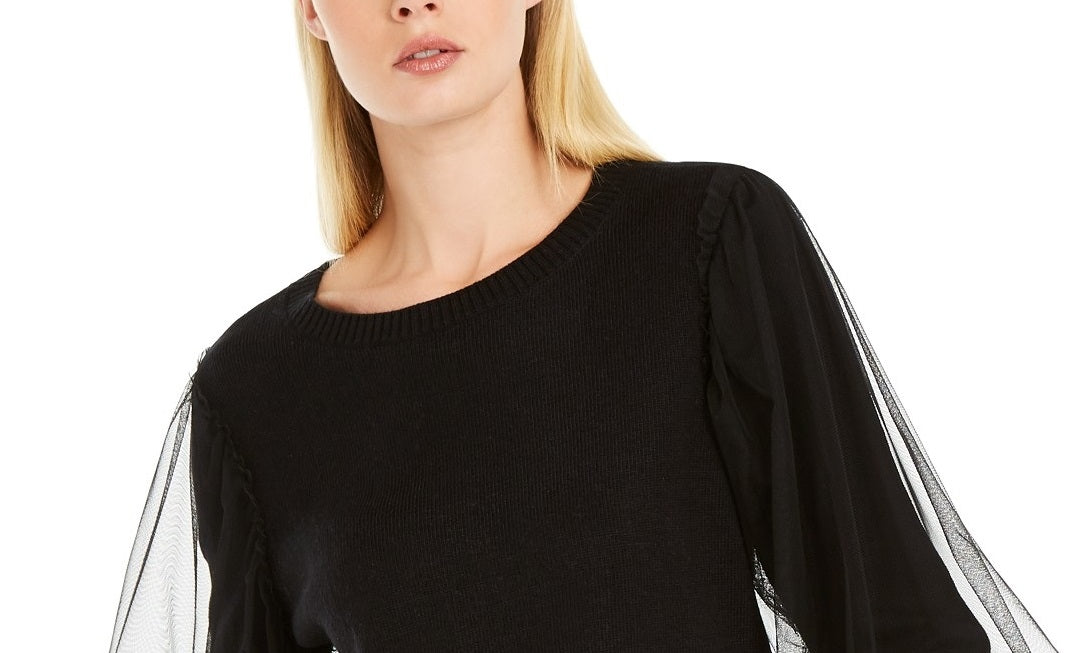 INC International Concepts Women's Tulle-Sleeve Sweater Black Size Medium