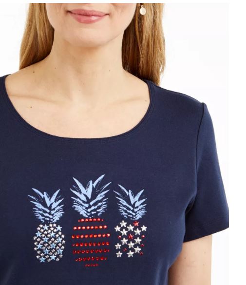 Karen Scott Women's Cotton Embellished Pineapple Top Navy Size XX-Large