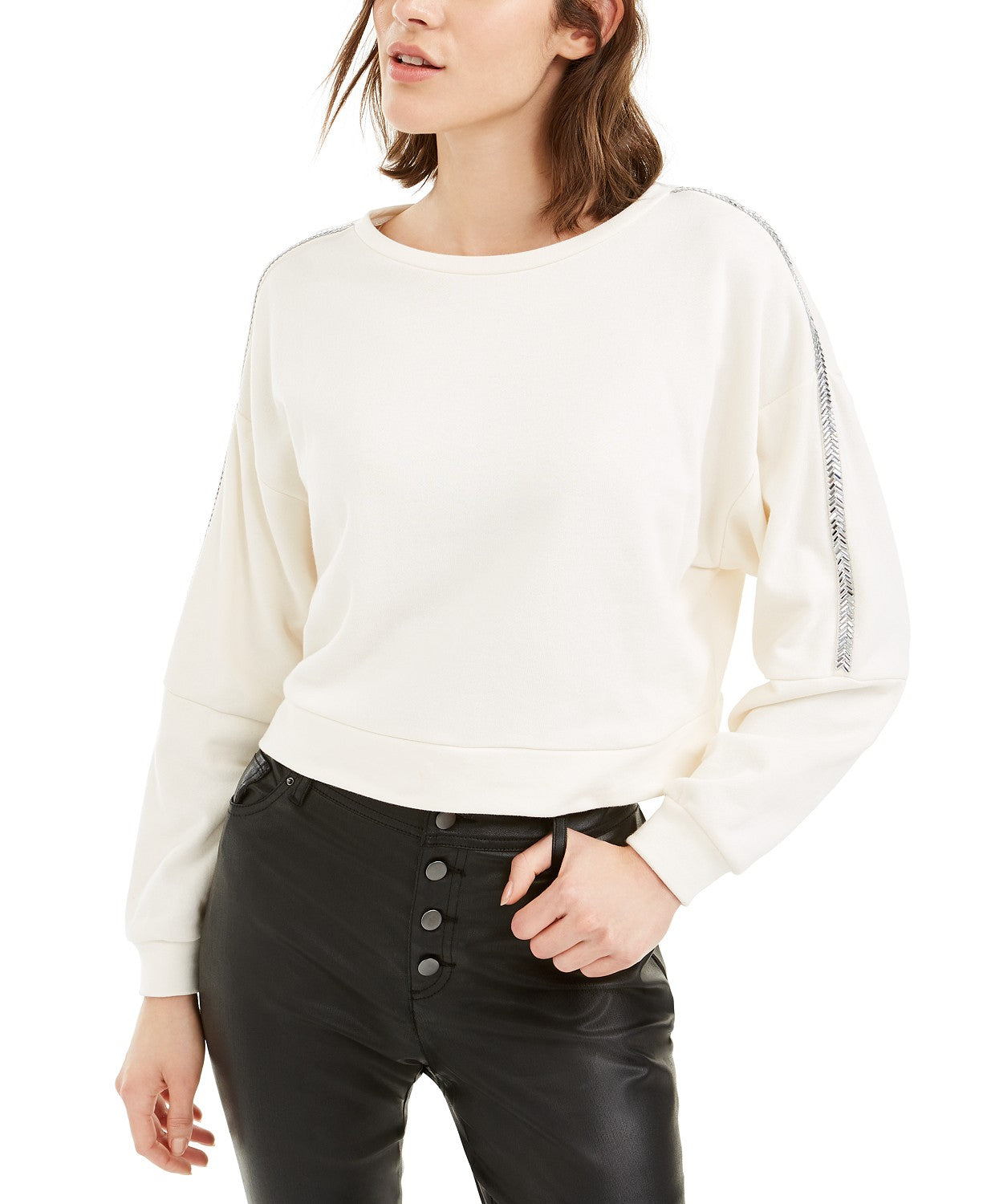Bar III Women's Shine Stripe Sweatshirt White Size Medium
