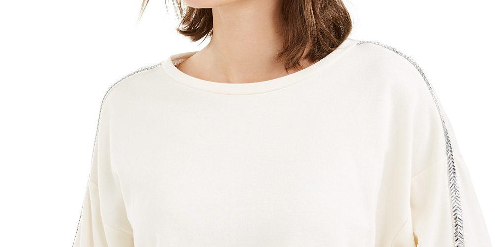 Bar III Women's Shine Stripe Sweatshirt White Size Medium