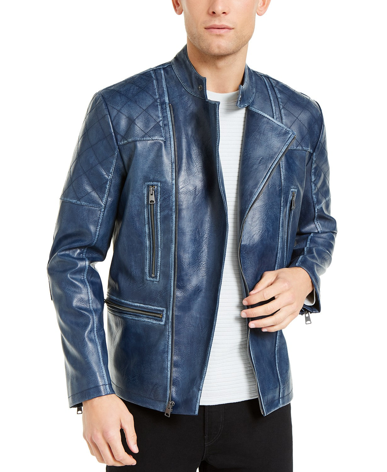 INC International Concepts Men's Braxton Faux Leather Moto Jacket Dark Blue Size Medium