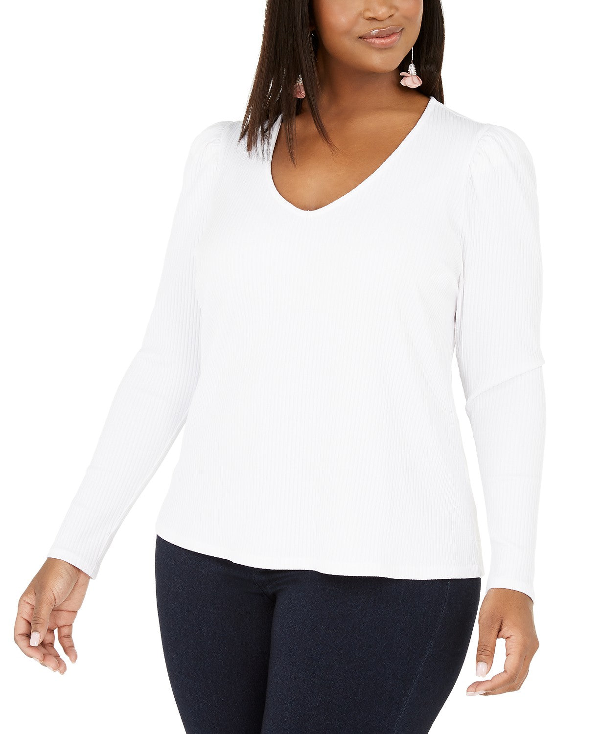 INC International Concepts Women's Plus Size Ribbed-Knit Puff-Sleeve Top White Size 2X
