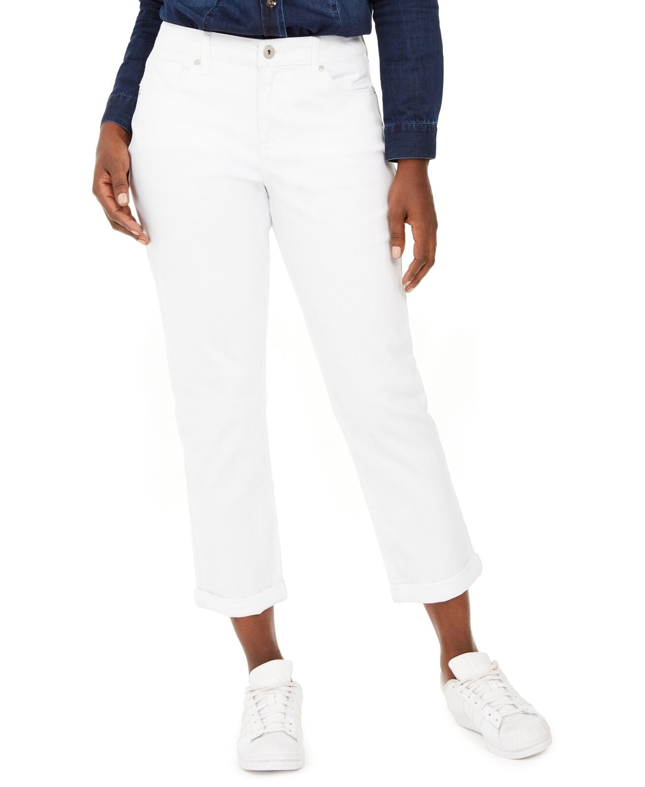 Style & Co Women's Curvy-Fit Cuffed Girlfriend Jeans White Size 12