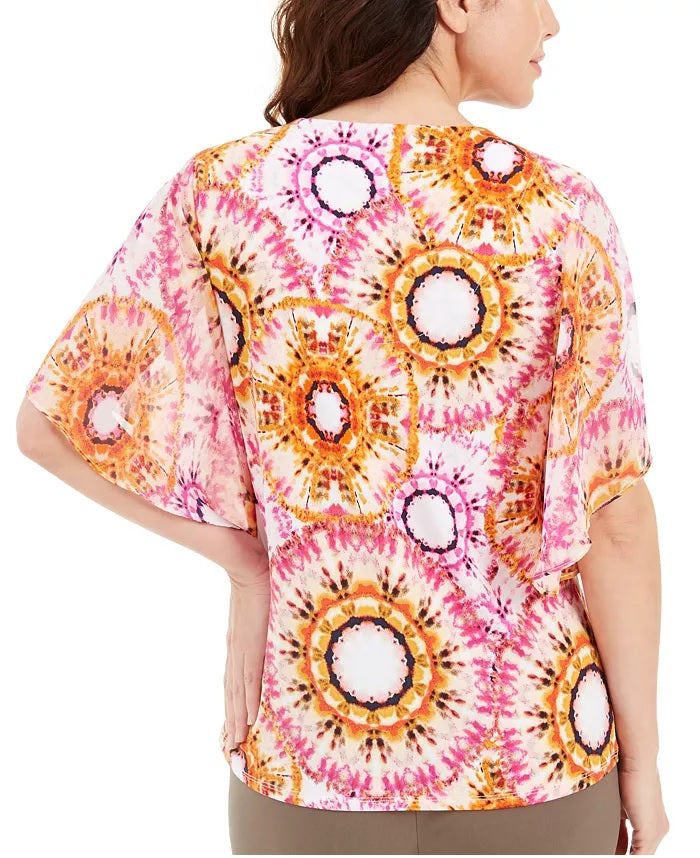 JM Collection Women's Printed Studded Top Pink Size Small