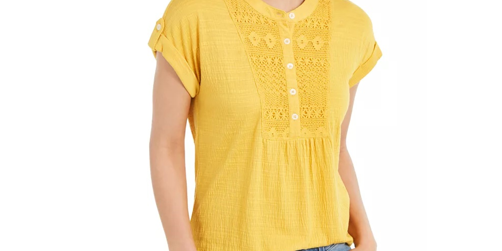 Style & Co Women's Crochet Bib Textured Top Gold Size Small