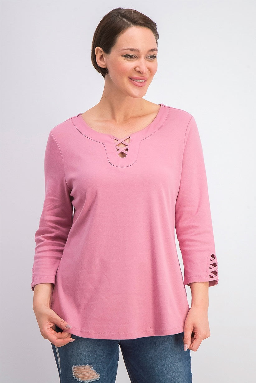 Karen Scott Women's Cotton Lace-Up T-Shirt Pink Size Small