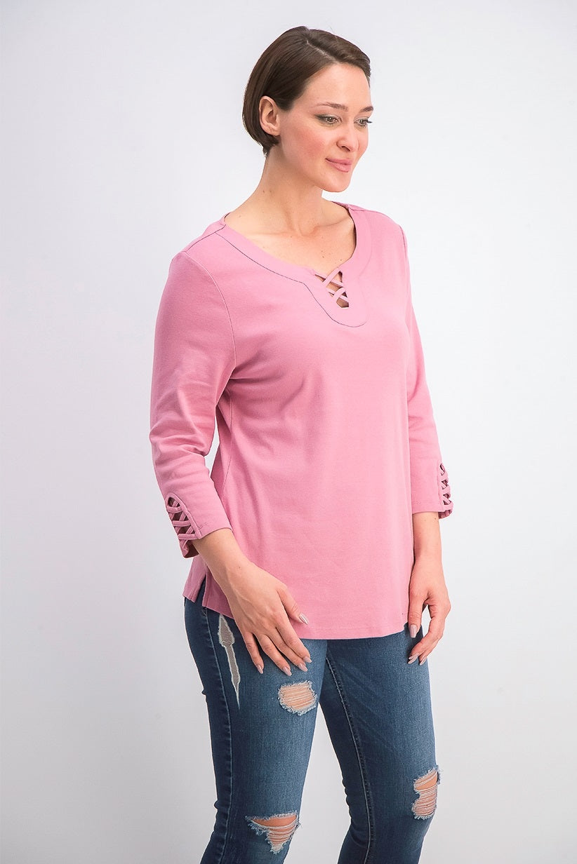 Karen Scott Women's Cotton Lace-Up T-Shirt Pink Size Small