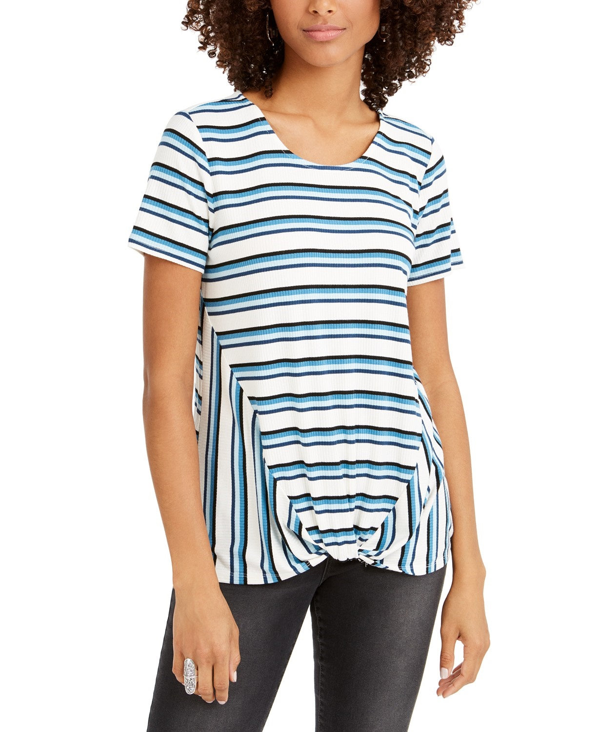 Style & Co Women's Striped Twist-Front Top Dark Blue Size Medium