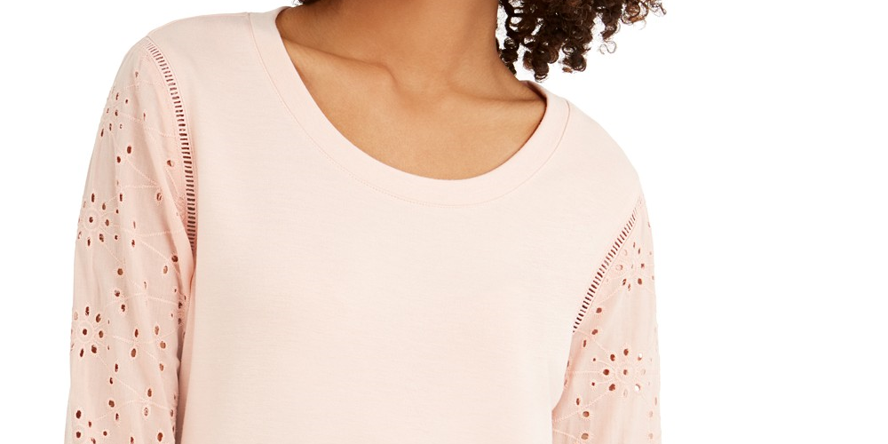 Style & Co Women's Eyelet-Sleeve Cotton Top Bright Pink Size Large
