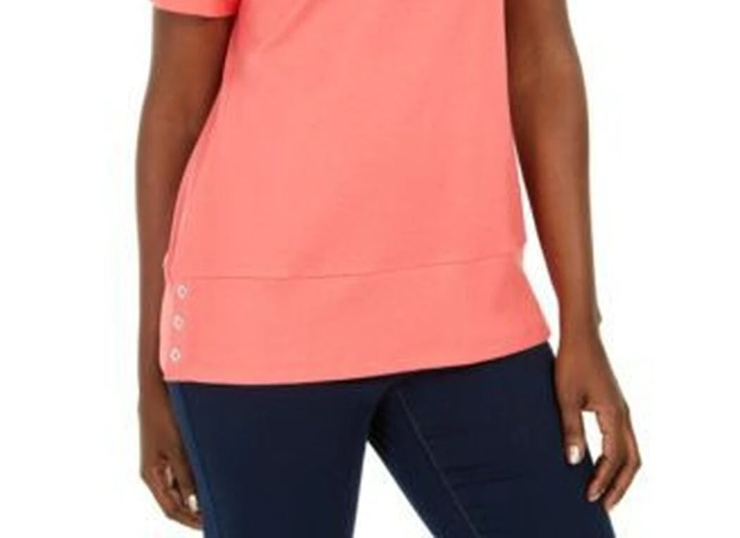 Karen Scott Women's Button-Hem Scoop-Neck Cotton Top  Orange Size Medium