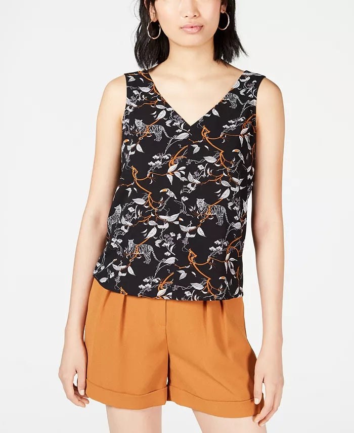 Bar III Women's Printed Sleeveless V-Neck Top Black Size Medium