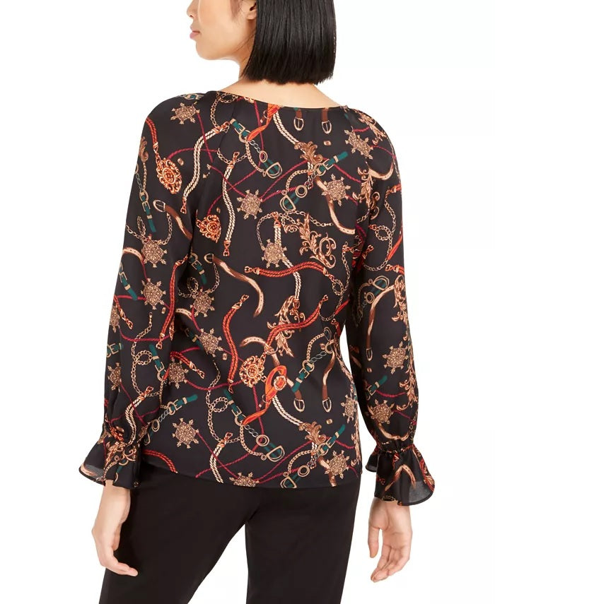 Bar III Women's Printed V-Neck Top Charcoal Size X-Small