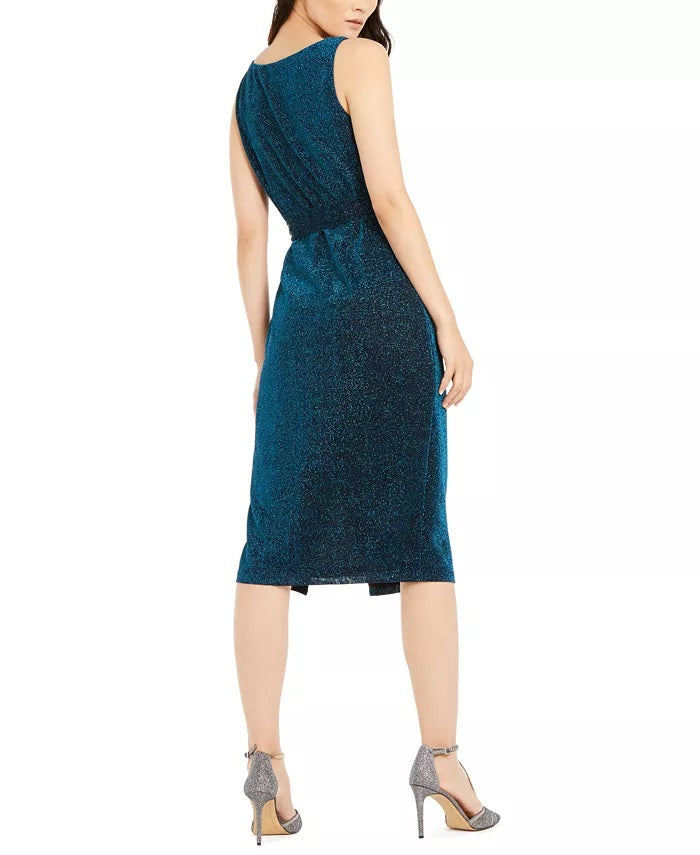 INC International Concepts Women's Belted Cowlneck Shimmer Dress Blue Size 8