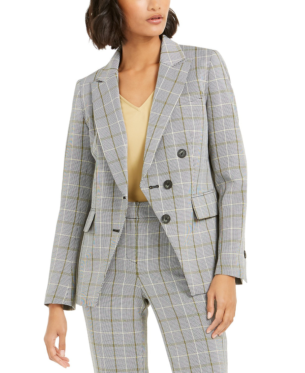 Bar III Women's Faux-Double-Breasted Plaid Blazer  Gray Size 0