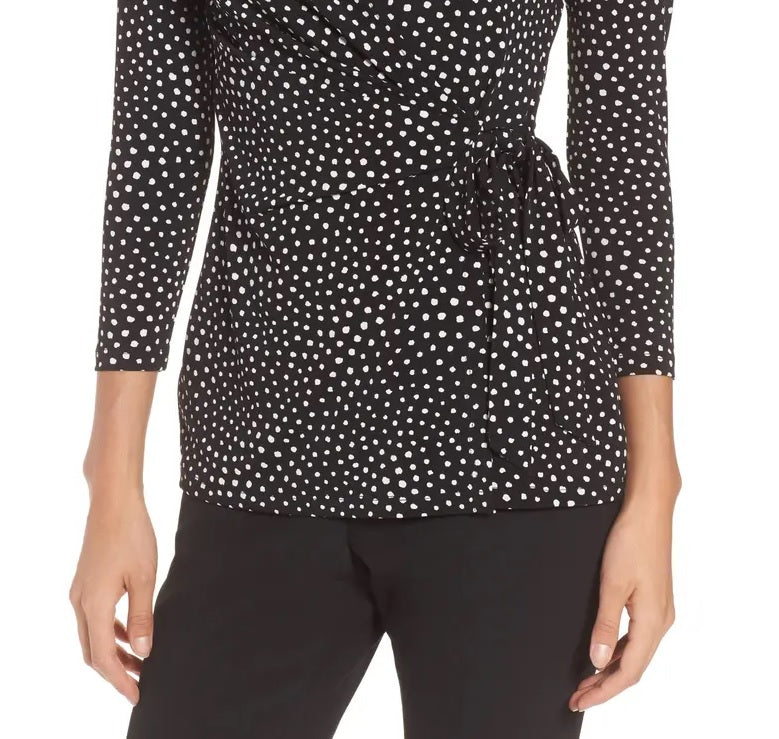 Anne Klein Women's Dot Grid Faux Wrap Top Black Size Medium