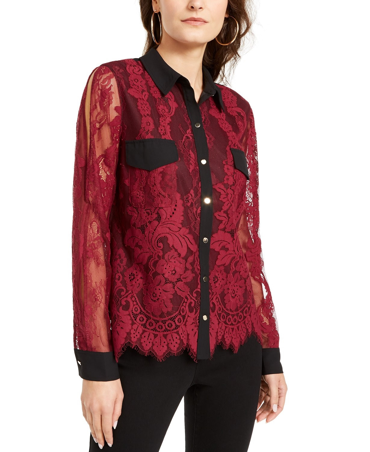 Thalia Sodi Women's Mixed-Media Button-Up Shirt  Red Size Extra Large