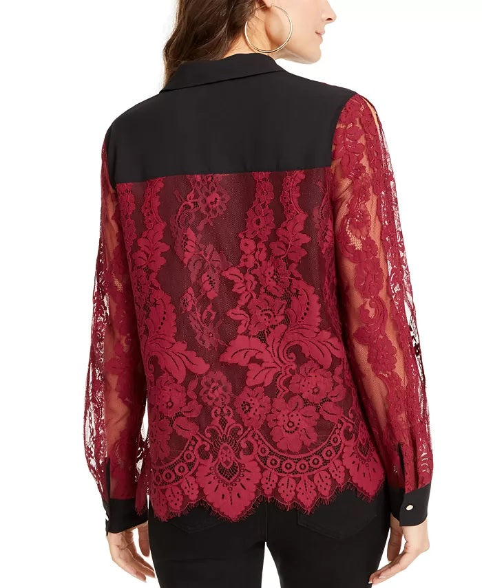Thalia Sodi Women's Mixed-Media Button-Up Shirt  Red Size Extra Large