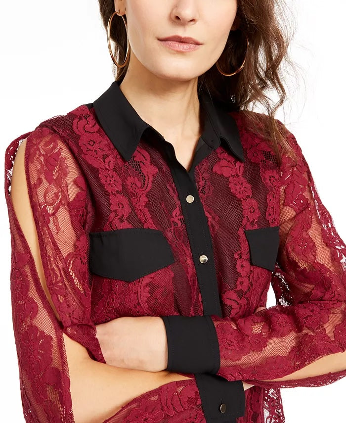 Thalia Sodi Women's Mixed-Media Button-Up Shirt  Red Size Extra Large