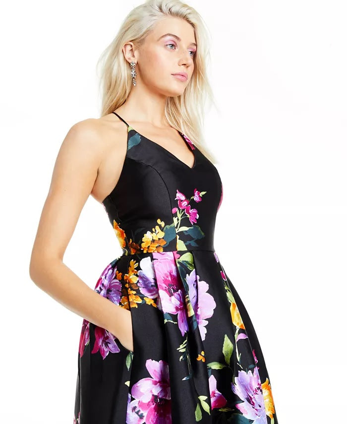 BCX Juniors' Floral-Print Cross-Back Gown  Black Size 5