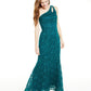 BCX Juniors' One-Shoulder Glitter Lace Gown Bright Grn Size 15