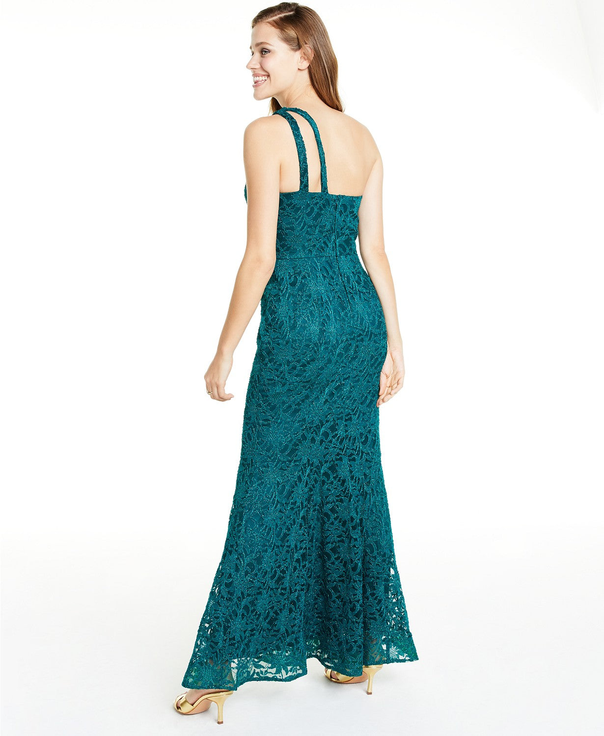 BCX Juniors' One-Shoulder Glitter Lace Gown Bright Grn Size 15