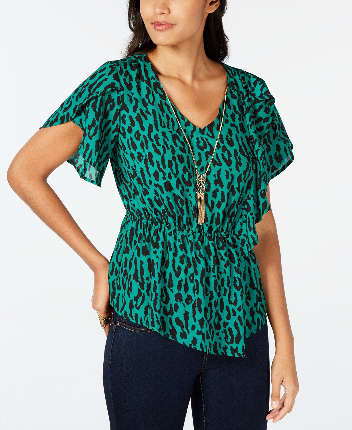 Thalia Sodi Women's Printed Flutter Sleeve Peplum Top Medium Green Size Medium