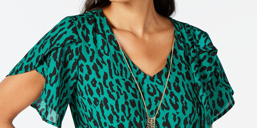 Thalia Sodi Women's Printed Flutter Sleeve Peplum Top Medium Green Size Medium