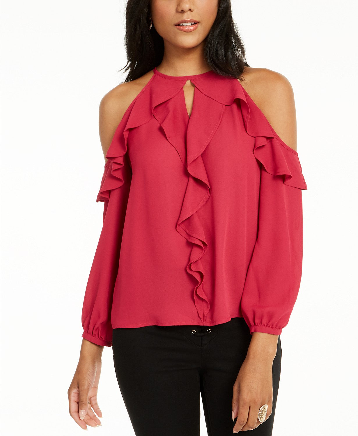 Thalia Sodi Women's Ruffle-Trim Cold-Shoulder Top  Med Pink Size Small