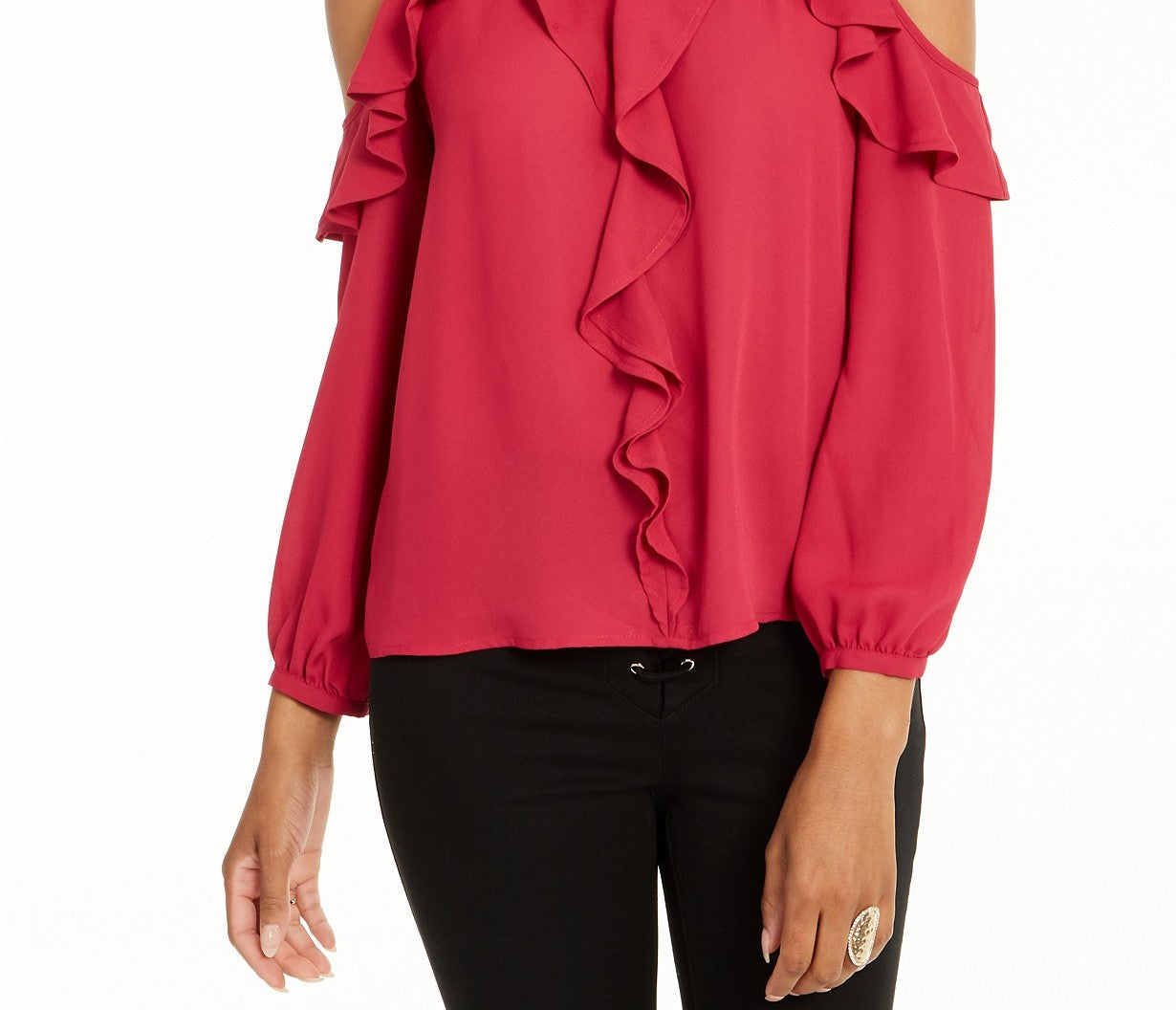 Thalia Sodi Women's Ruffle-Trim Cold-Shoulder Top  Med Pink Size Small