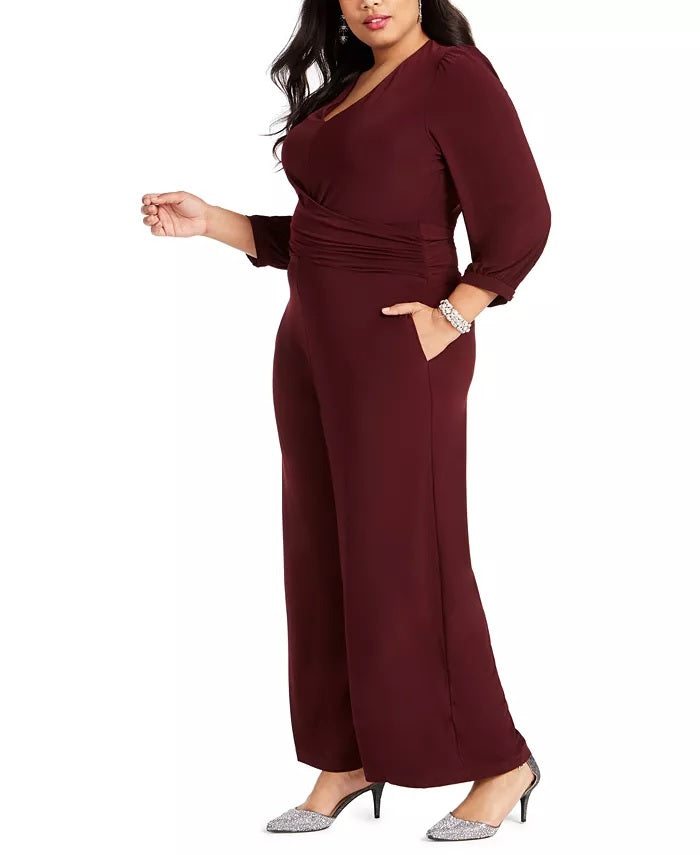 Taylor Women's Plus Size Ruched Wide-Leg Jumpsuit Dark Red Size 18W