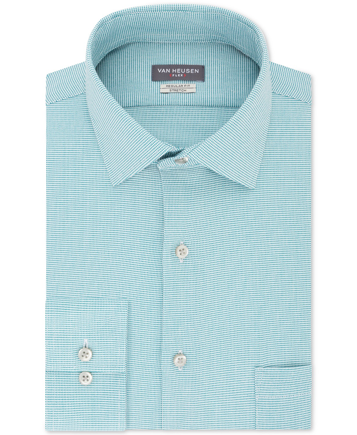 वैन ह्यूसेन पुरुषों की रेगुलर फिट परफॉरमेंस स्ट्रेच रिंकल फ्री फ्लेक्स कॉलर माइक्रो-हाउंडस्टूथ ड्रेस शर्ट नीला साइज़ 17.5X34X35