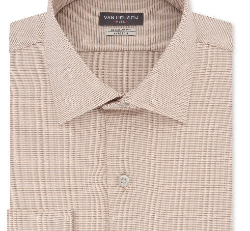 Van Heusen Men's Flex Regular-Fit Stretch Wrinkle-Free Nailshead Print Dress Shirt Med Beige Size 36-37